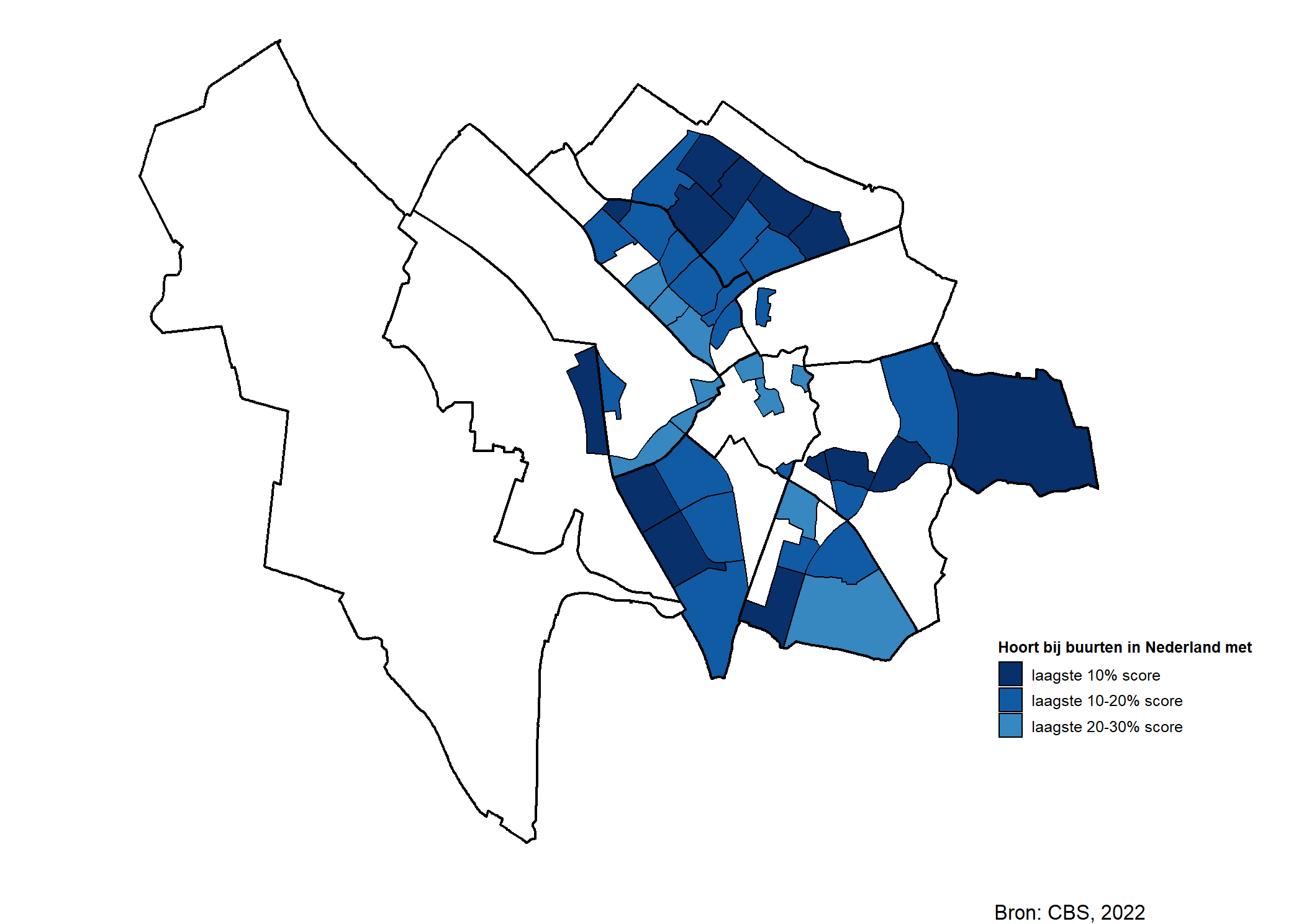 Voornamelijk in Noordwest, Overvecht, Zuid en Zuidwest vallen buurten die horen bij de laagste 10%, 10-20% en 20-30% score van Nederland.
