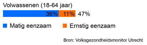 47% van de volwassenen (18-64 jaar) is eenzaam. Hiervan is 11% ernstig eenzaam en 36% matig eenzaam. 