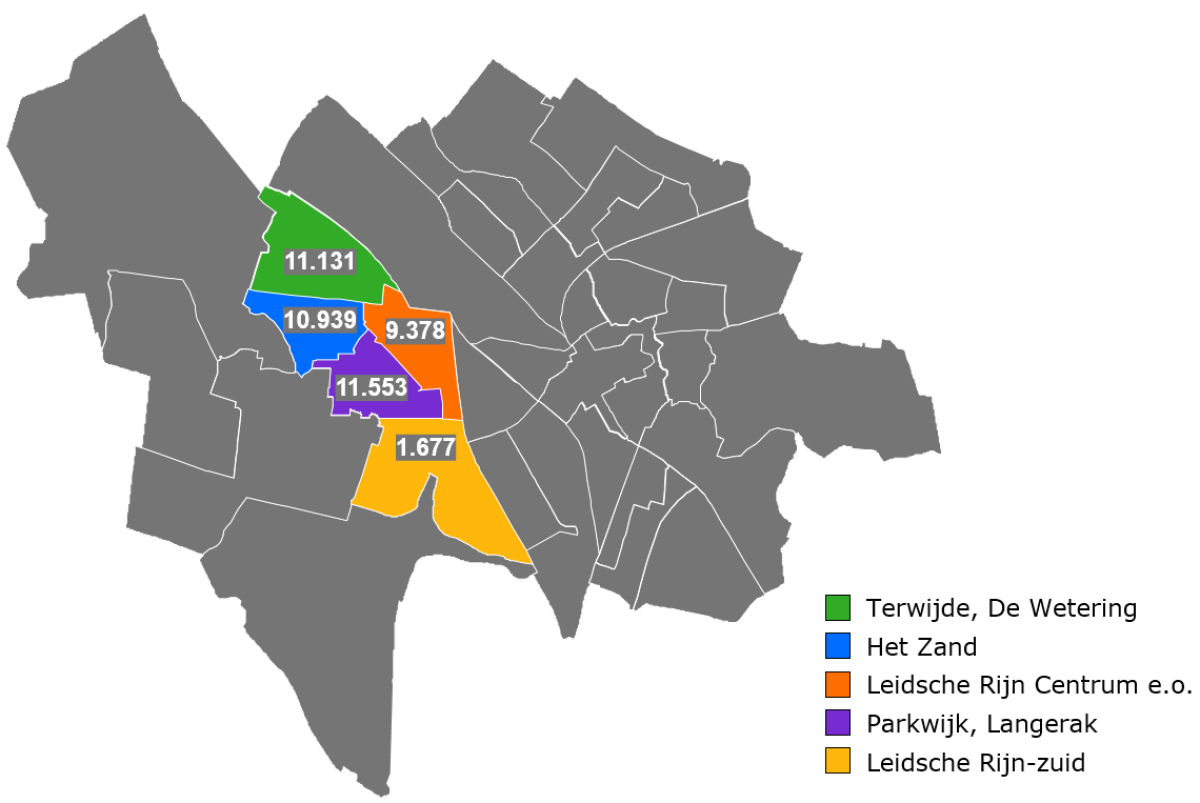 Wijk Leidsche Rijn, bestaande uit subwijken Terwijde, De Wetering, Het Zand, Leidsche Rijn Centrum e.o., Parkwijk, Langerak en Leidsche Rijn-zuid. 