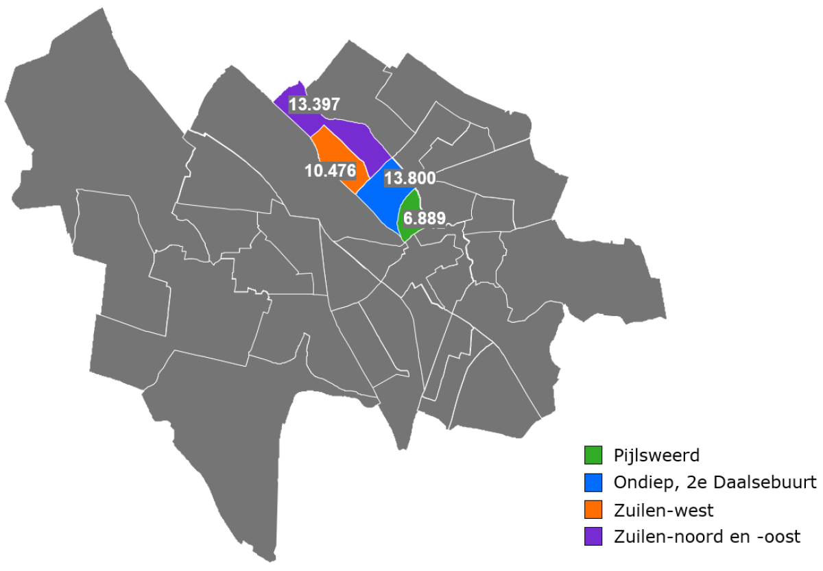 Wijk Noordwest, bestaande uit subwijken Pijlsweerd, Ondiep, 2e Daalsebuurt, Zuilen-west en Zuilen-noord en -oost. 