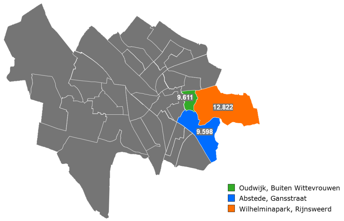 Wijk Oost, bestaande uit subwijken Oudwijk, Buiten Wittevrouwen, Abstede, Gansstraat en Wilhelminapark, Rijnsweerd.
