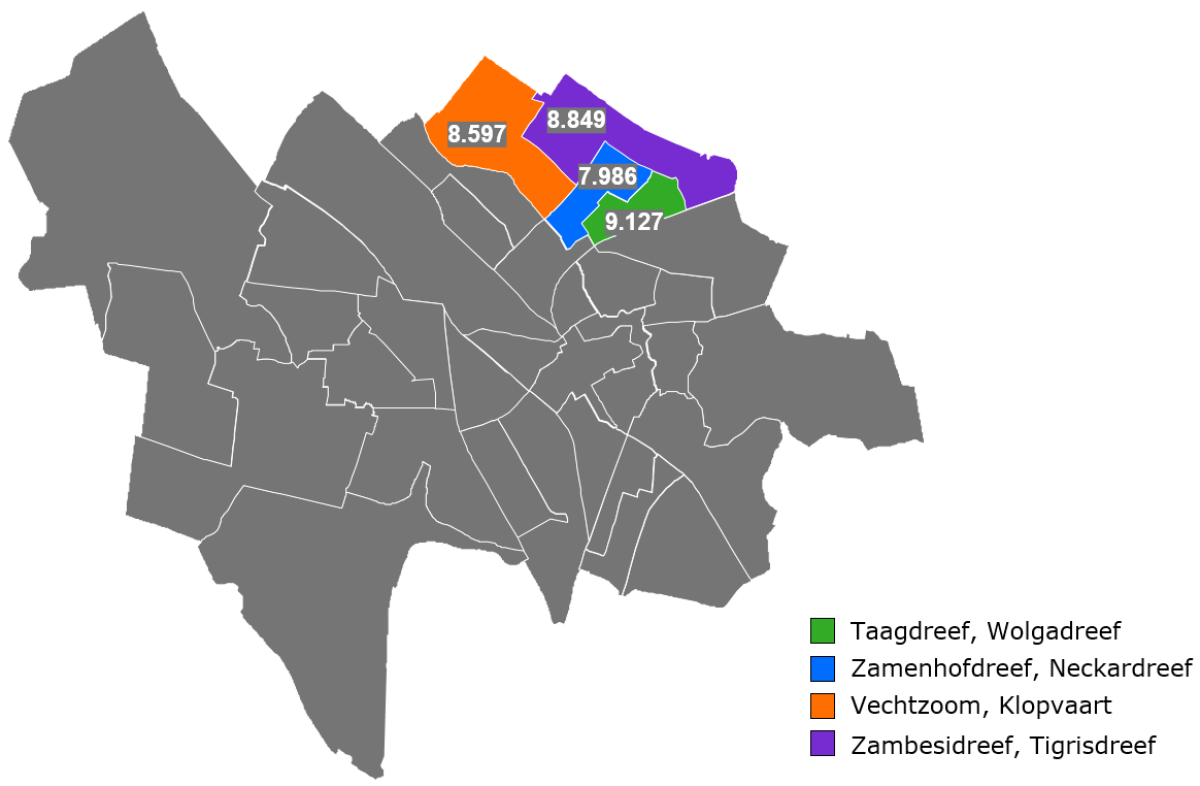 Wijk Overvecht, bestaande uit subwijken Taagdreef, Wolgadreef, Zamenhofdreef, Neckardreef, Vechtzoom, Klopvaart en Zambesidreef, Tigrisdreef.