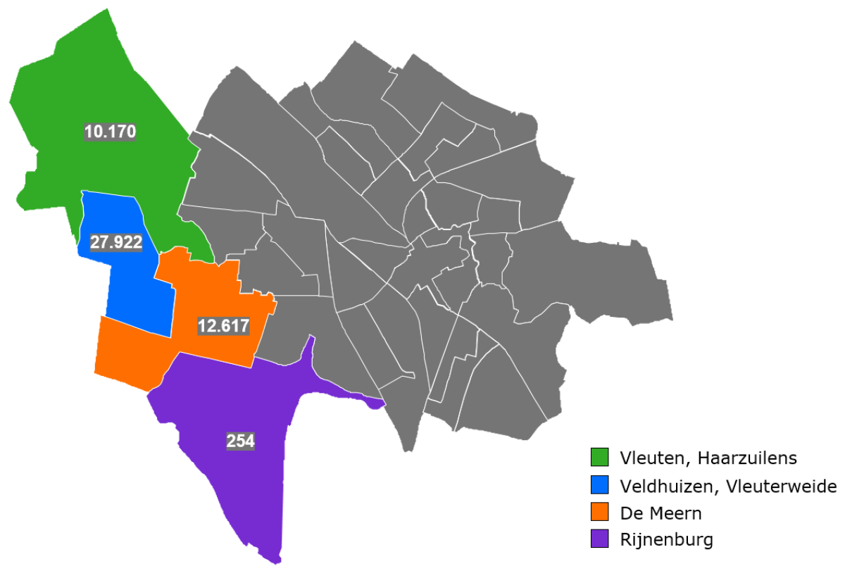 Wijk Vleuten-De Meern, bestaande uit subwijken Vleuten, Haarzuilens, Veldhuizen, Vleuterweide, De Meern en Rijnenburg.
