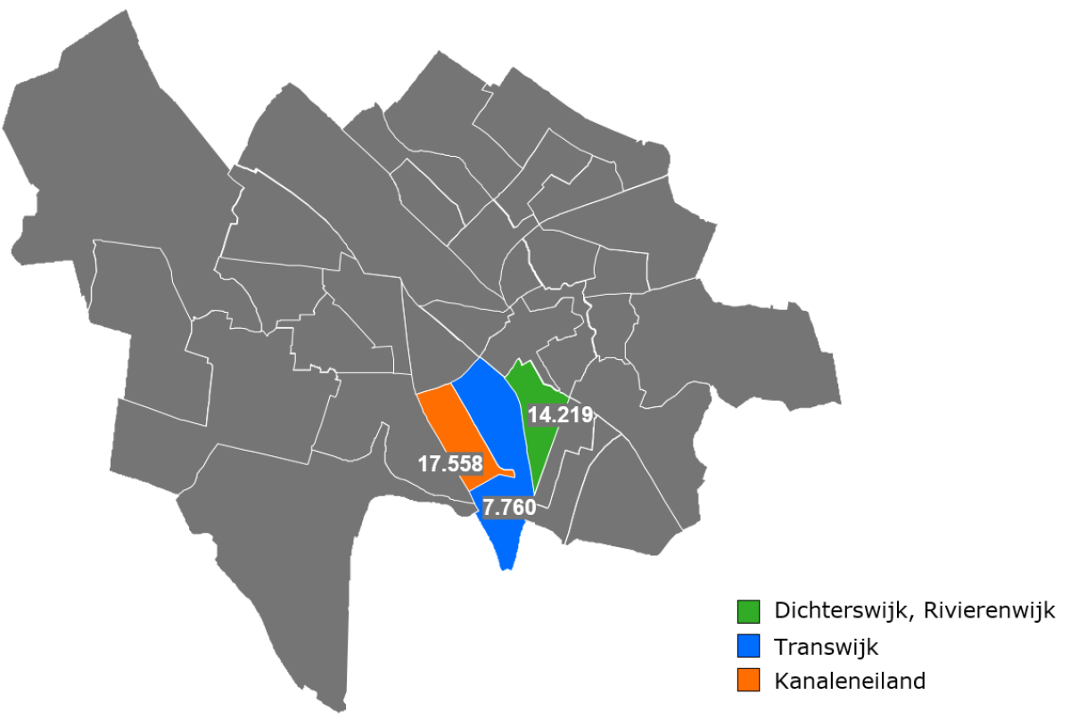 Wijk Zuidwest, bestaande uit subwijken Dichterswijk, Rivierenwijk, Transwijk en Kanaleneiland.