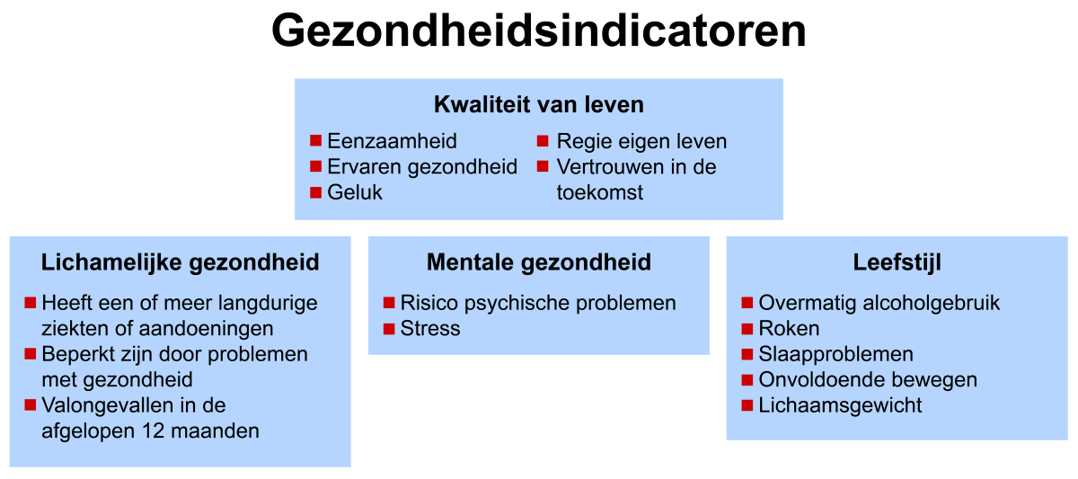 Schema met 5 kenmerken over kwaliteit van leven, 3 over lichamelijke gezondheid, 2 over mentale gezondheid en 5 over leefstijl.